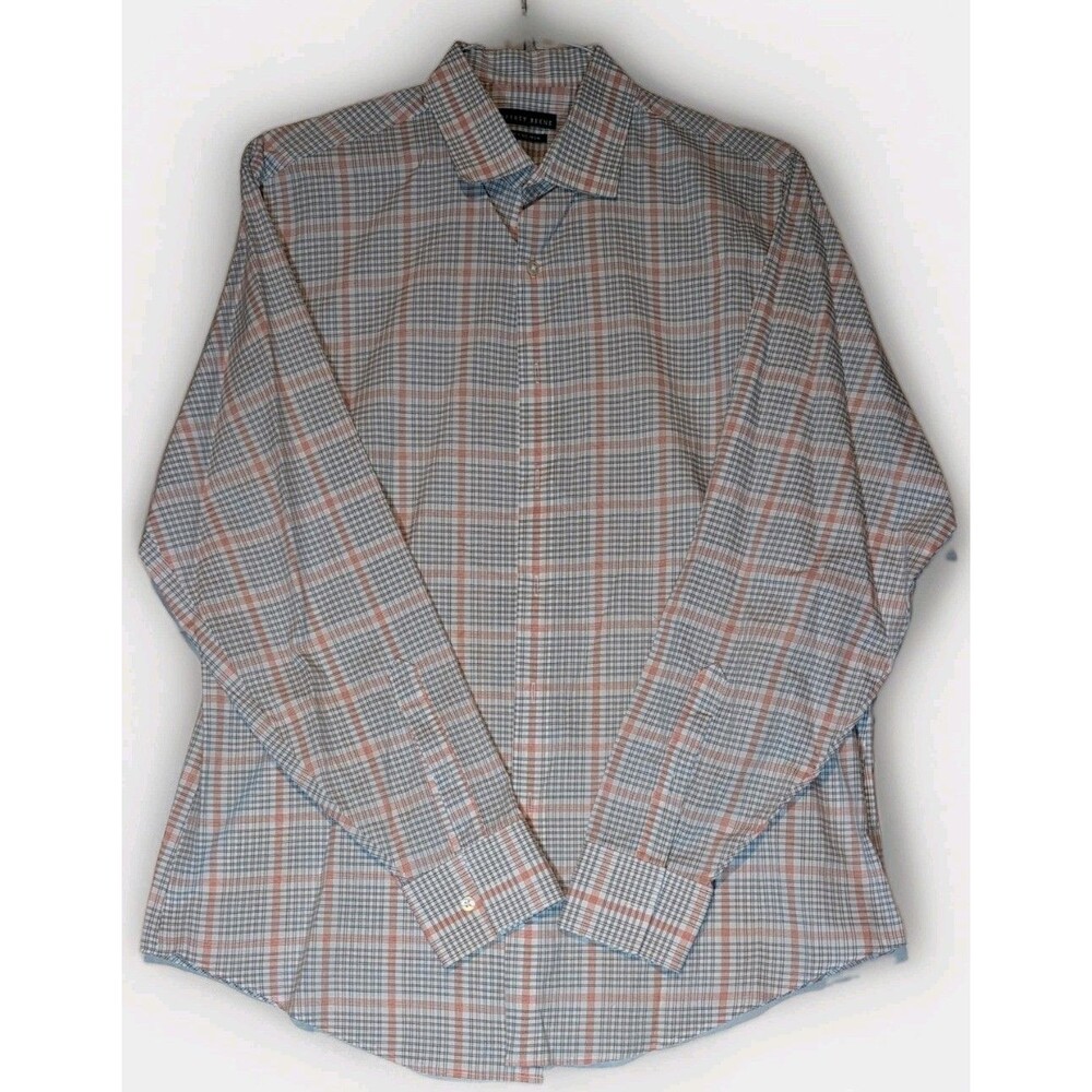 Geoffrey Beene Mens Orange Gray White Plaid Button up Shirt